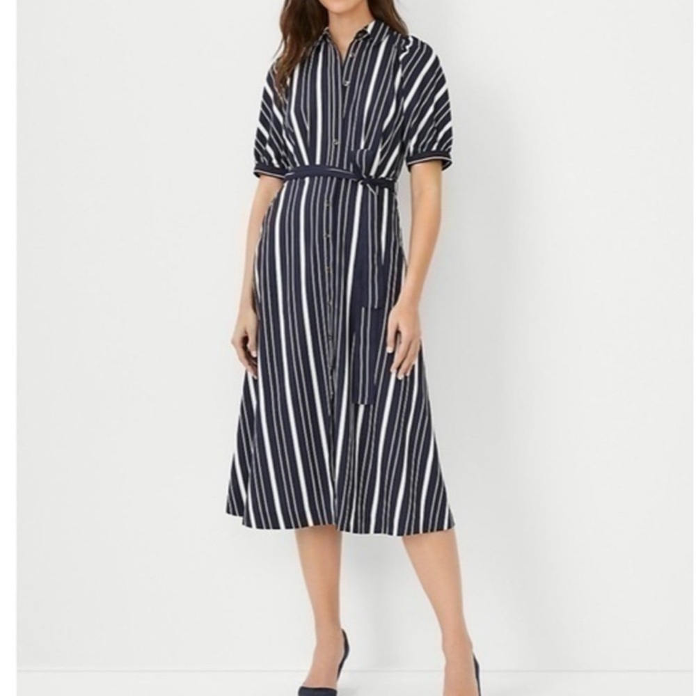 Ann Taylor Navy and White Striped Midi Dress